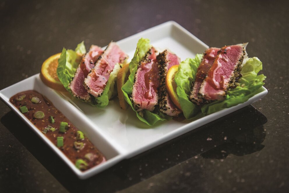 plated tuna over lettuce